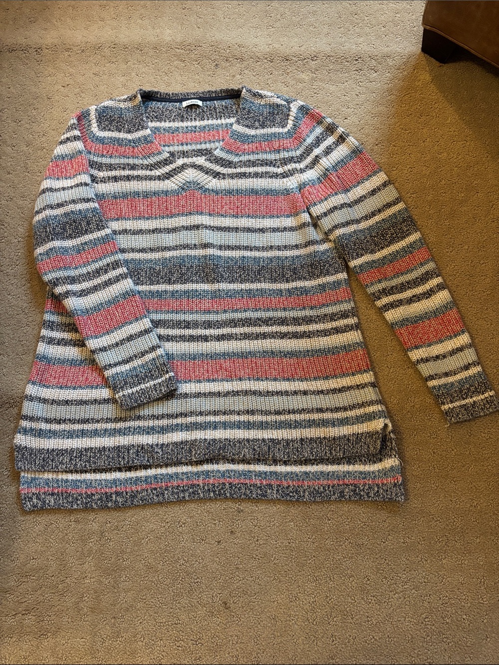 L.L. Bean Striped V-Neck Sweater in Gray, Cream & Pink